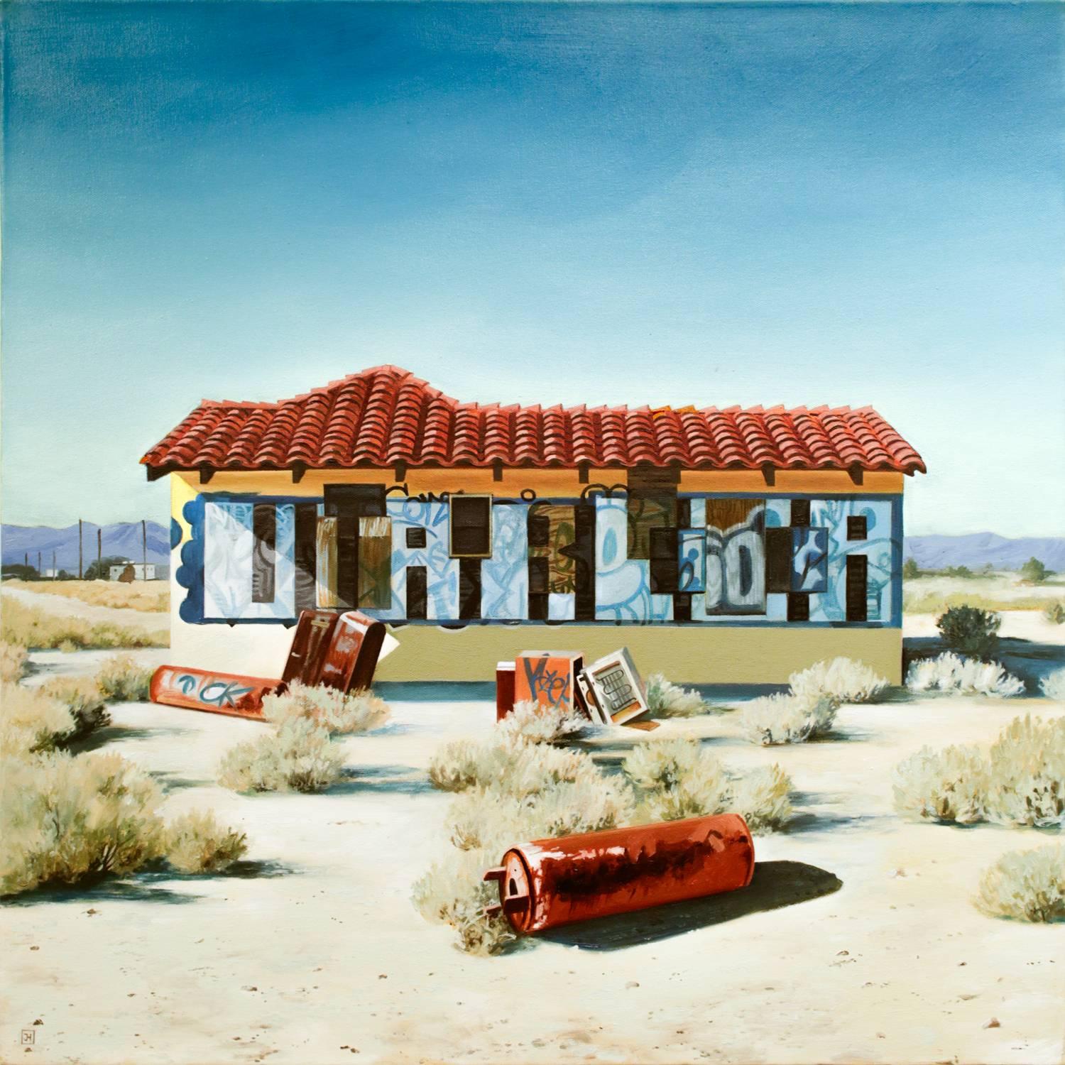 "Bakersfield II", Hyper-realistic oil painting, graffiti landscape, photorealist