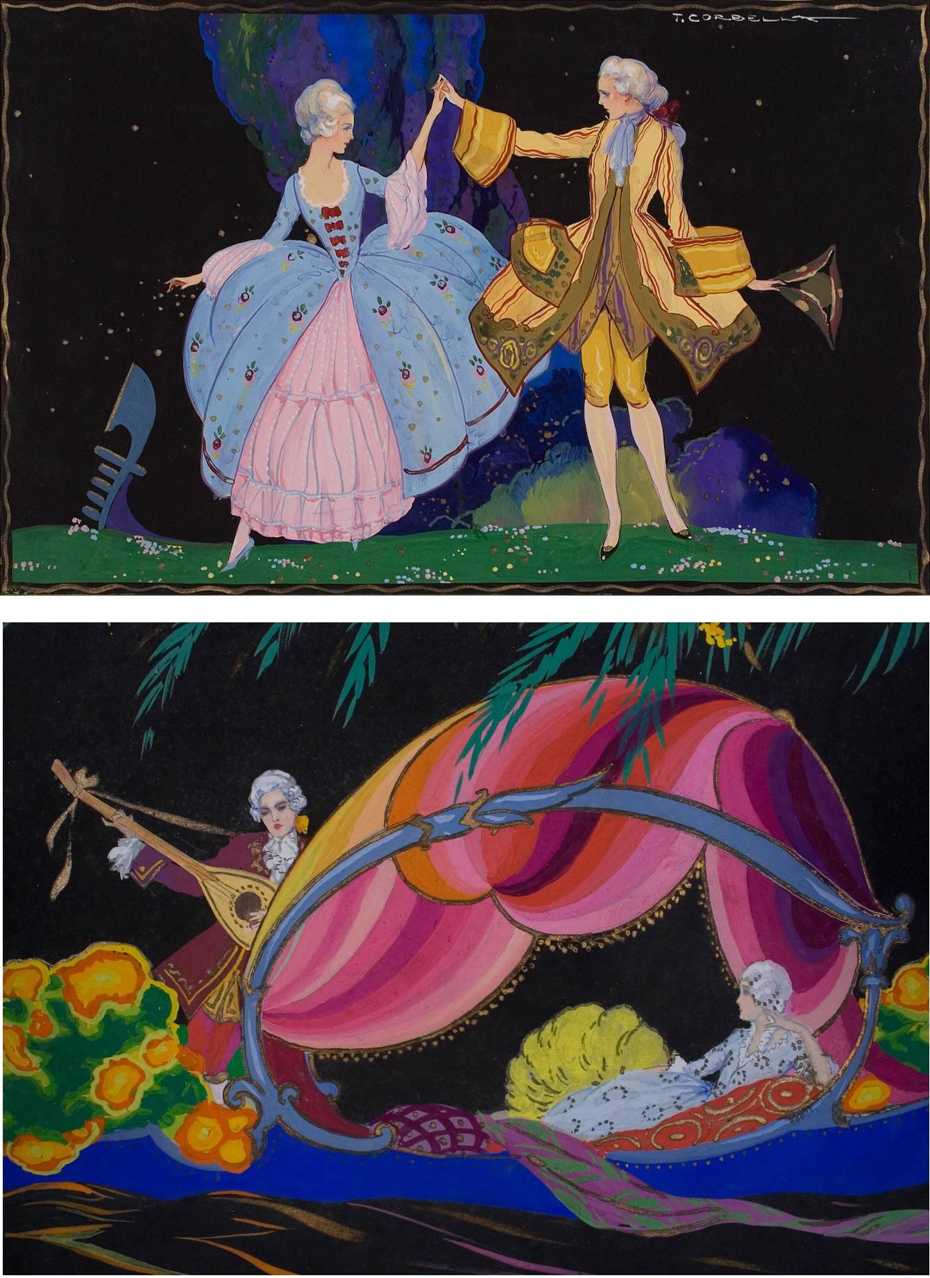Zwei italienische Gouache-Gemälde von Tito Corbella aus der Zeit des Art déco, um 1920. Oben rechts signiert "Tanzendes Paar" und unten rechts signiert "Gondel". Brilliante Farbe in beiden.

Corbella (1885-1966) war ein in Pontremoli (Italien)