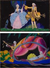 Deux peintures italiennes d'époque Art Déco à la gouache de Tito Corbella, vers les années 1920