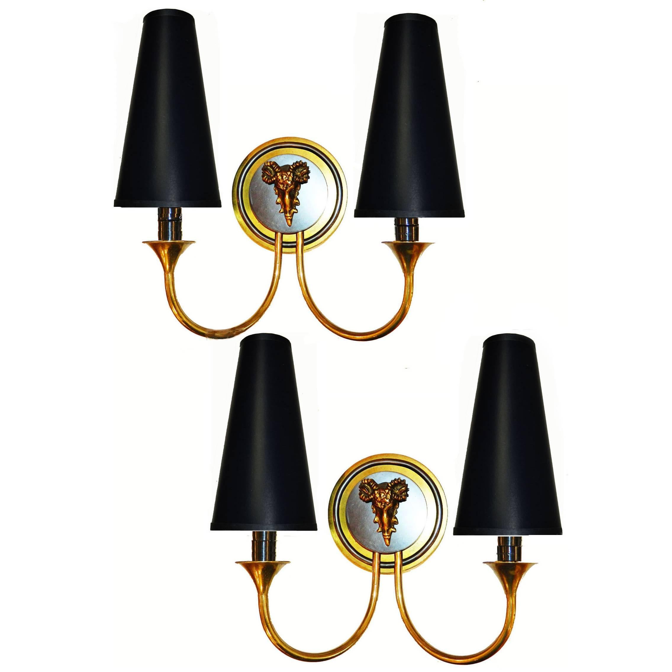 Pair of Exceptional Ram's Head Maison Charles Sconces For Sale