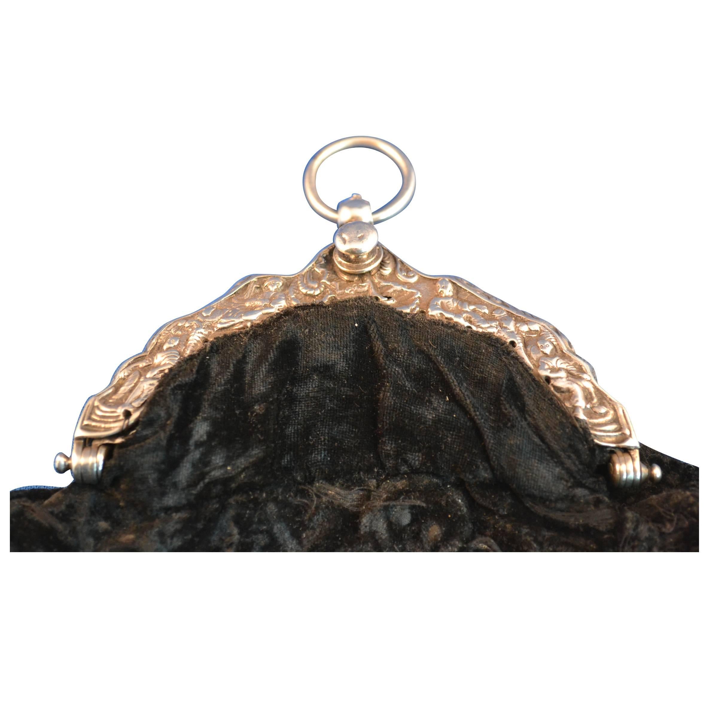 Demilune 18th Century Dutch Louis XV Double Silver Purse with Velvet Bag For Sale