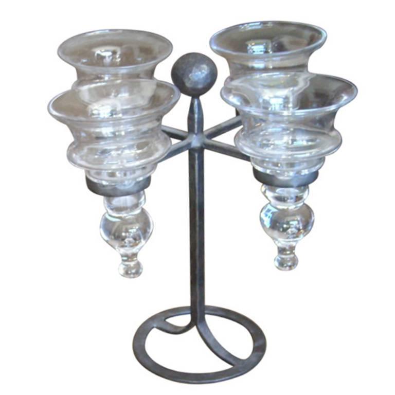 Erik Hoglund Glass and Wrought Iron Pair Of Candelabra For Boda, Stamped 0NE)