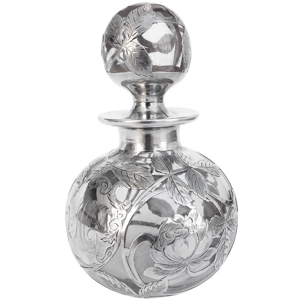 Large Art Nouveau Silver Overlay Perfume Bottle, circa 1900 For Sale