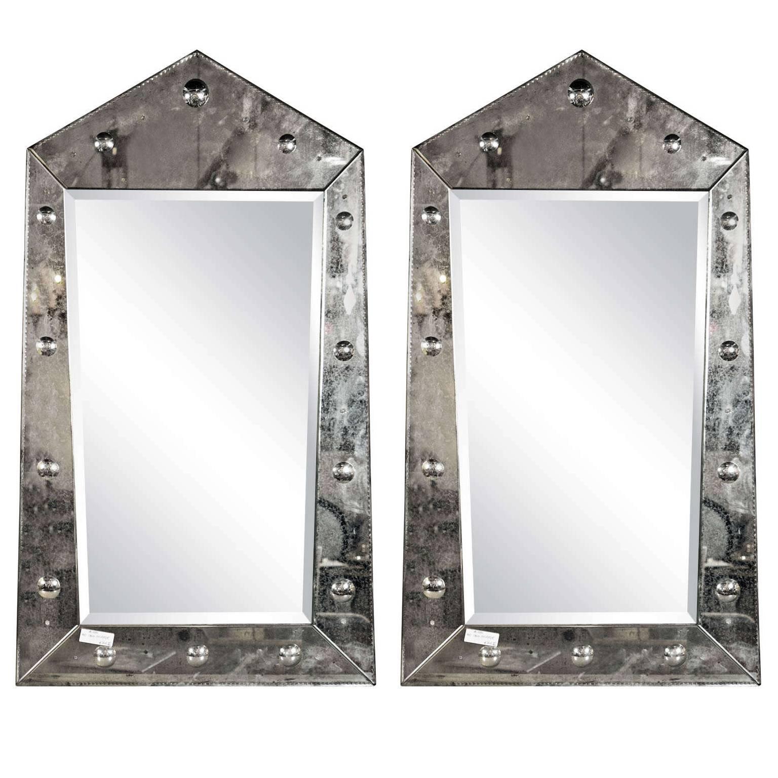 Venetian Style Pair Rare Pyramid Design Beveled Mirrors