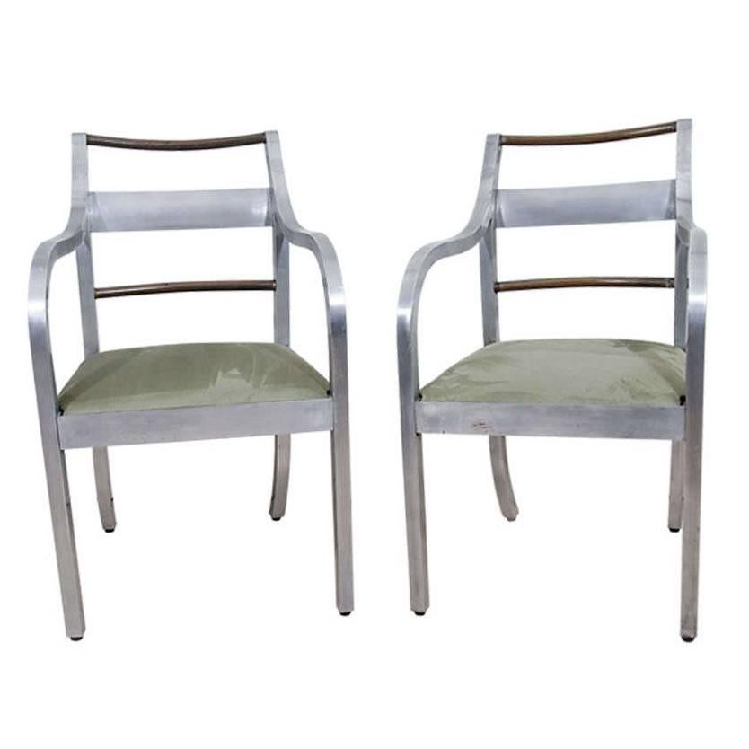 Pair of Brushed Copper and Aluminum Arm Chairs, Italy, circa 1940s For Sale