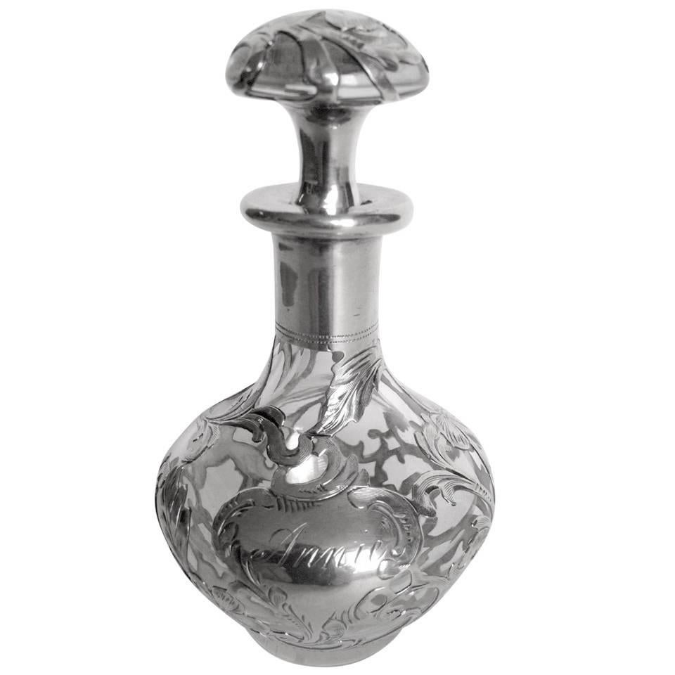 Lovely Art Nouveau Silver Overlay Clear Glass Perfume, circa 1900 For Sale