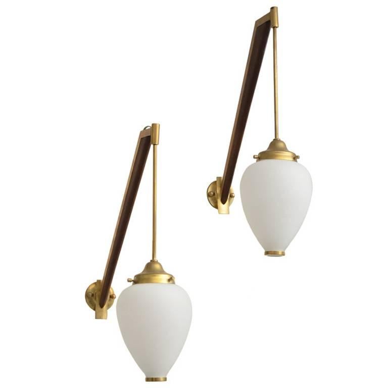 Pair of Petite Walnut and Brass Sconces with Suspended Frosted Glass Shade