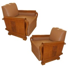 Pair of Art Deco Period Teak and Leather Club Chairs with Mustache Back