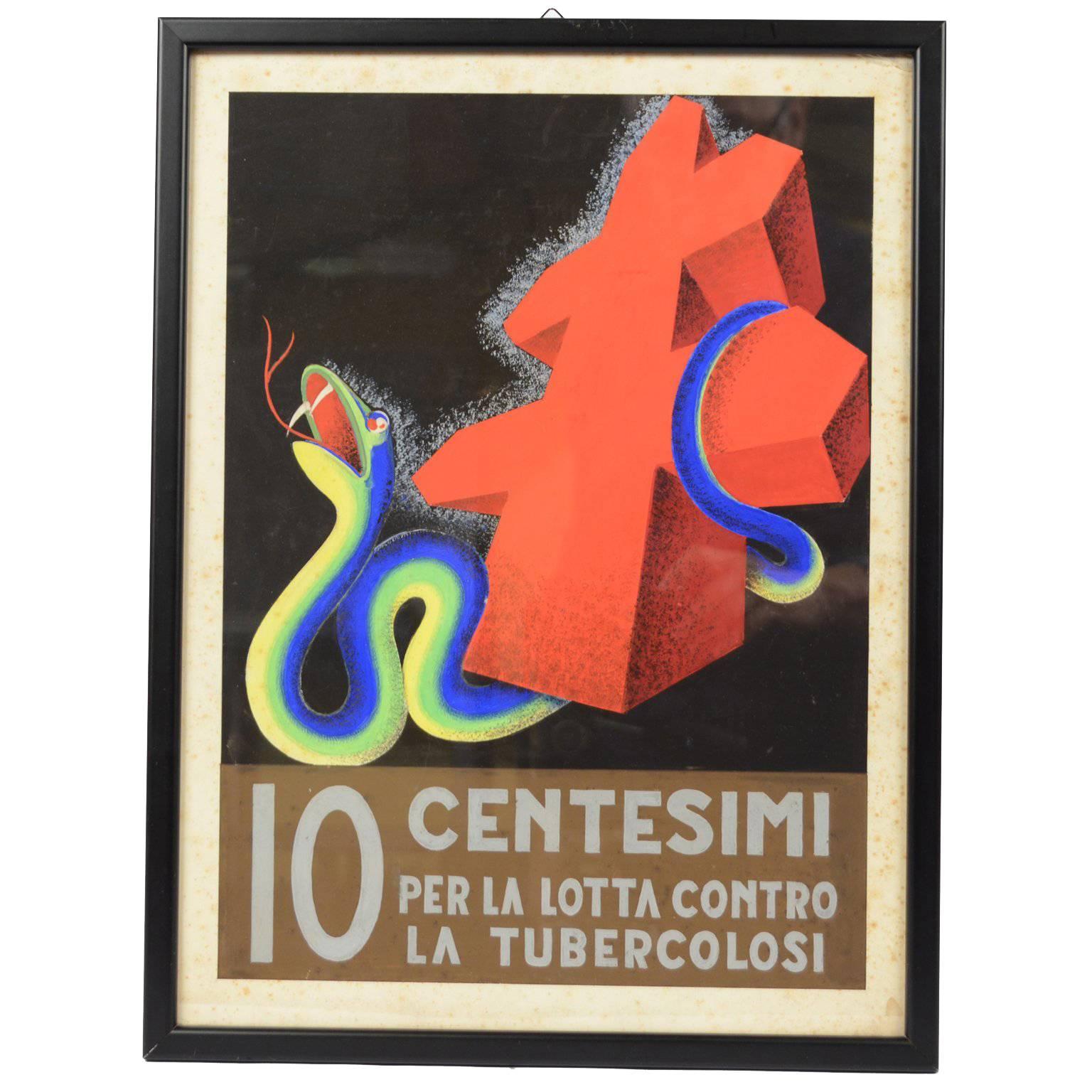 1930s Italian Futurist Poster Sketch "Ten Cents to Fight Tubercolosis"