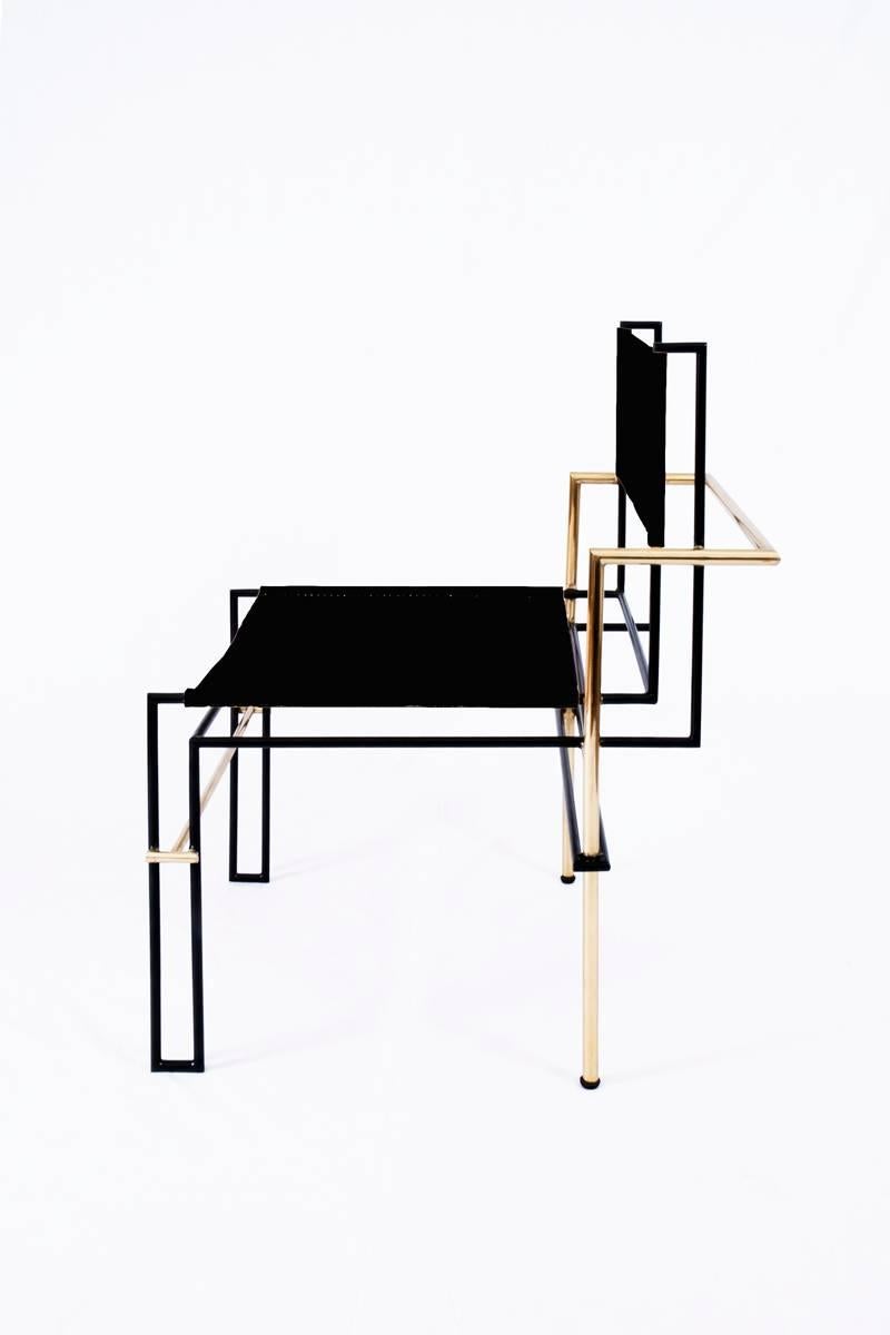 The Casbah chair, inspired by Laszlo Moholy-Nagy's photograms, is all linear balance, gravity and angular movement. The complex tubular brass structure of this chair frames a natural vachetta leather seat and back sling that will age gracefully with
