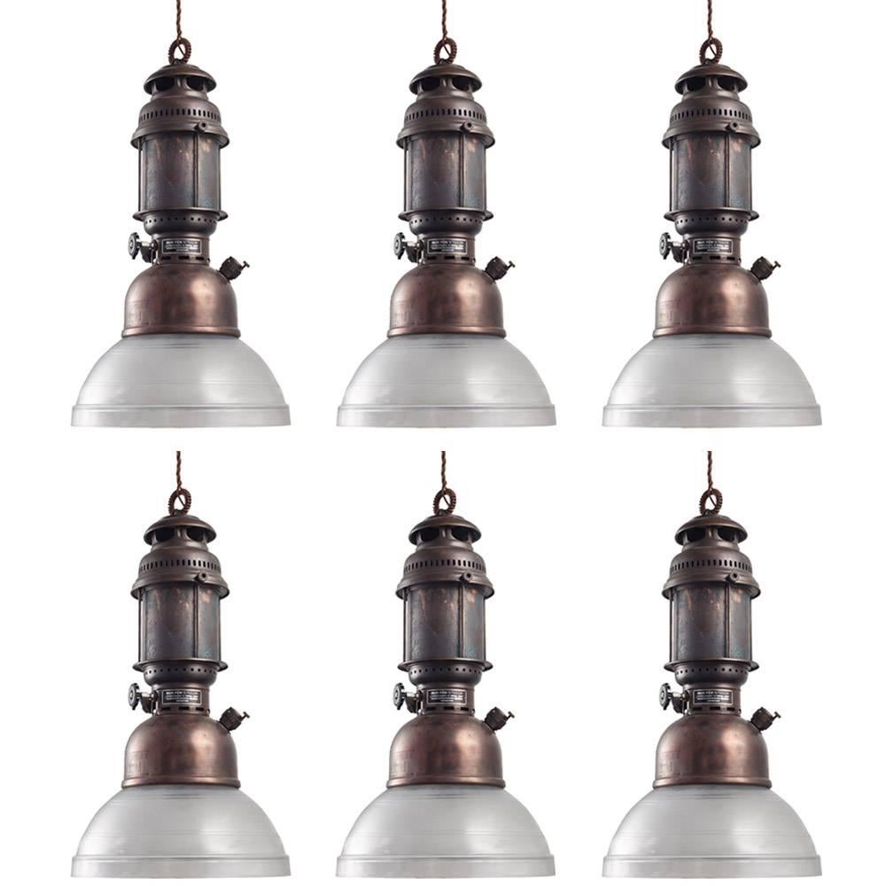 Copper and Frosted Glass Industrial Pendant, 21st century