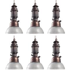 Copper and Frosted Glass Industrial Pendant, circa 1940 2