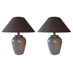Pair of Grey Faux Shagreen Porcelain Lamps, Contemporary