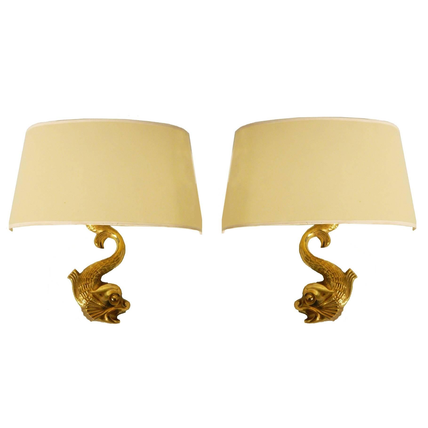 Pair of E. Guillemard Dolphin Bronze Sconces