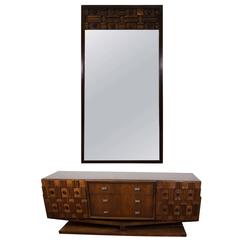 A Midcentury Brutalist Dresser and Mirror in the Style of Paul Evans