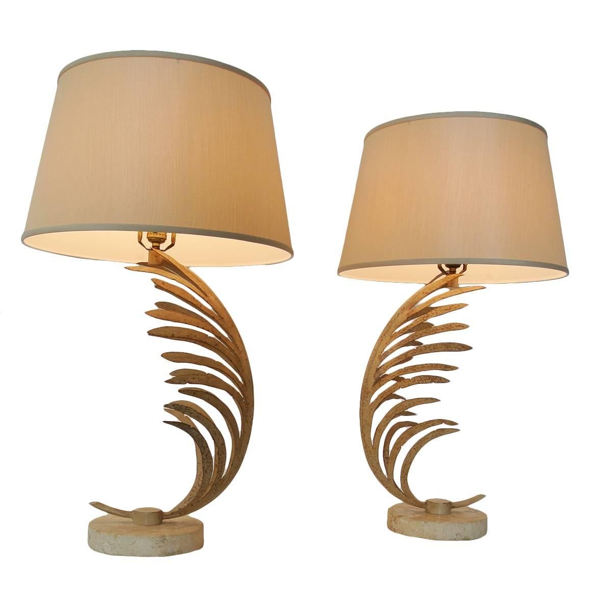 Michael Taylor Palm Frond Table Lamps, with travertine marble bases,  circa 1985