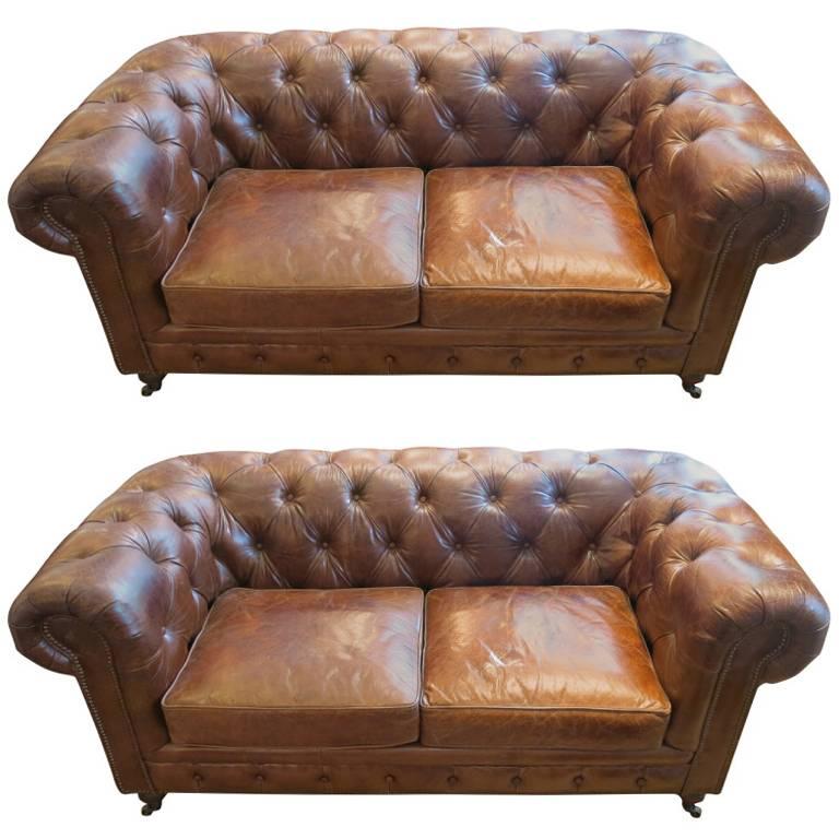 Pair of Refurbished English Leather Chesterfield Sofa For Sale