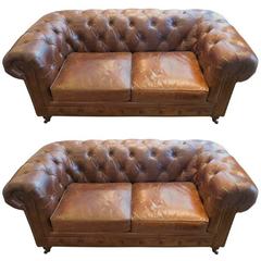 Pair of Refurbished English Leather Chesterfield Sofa