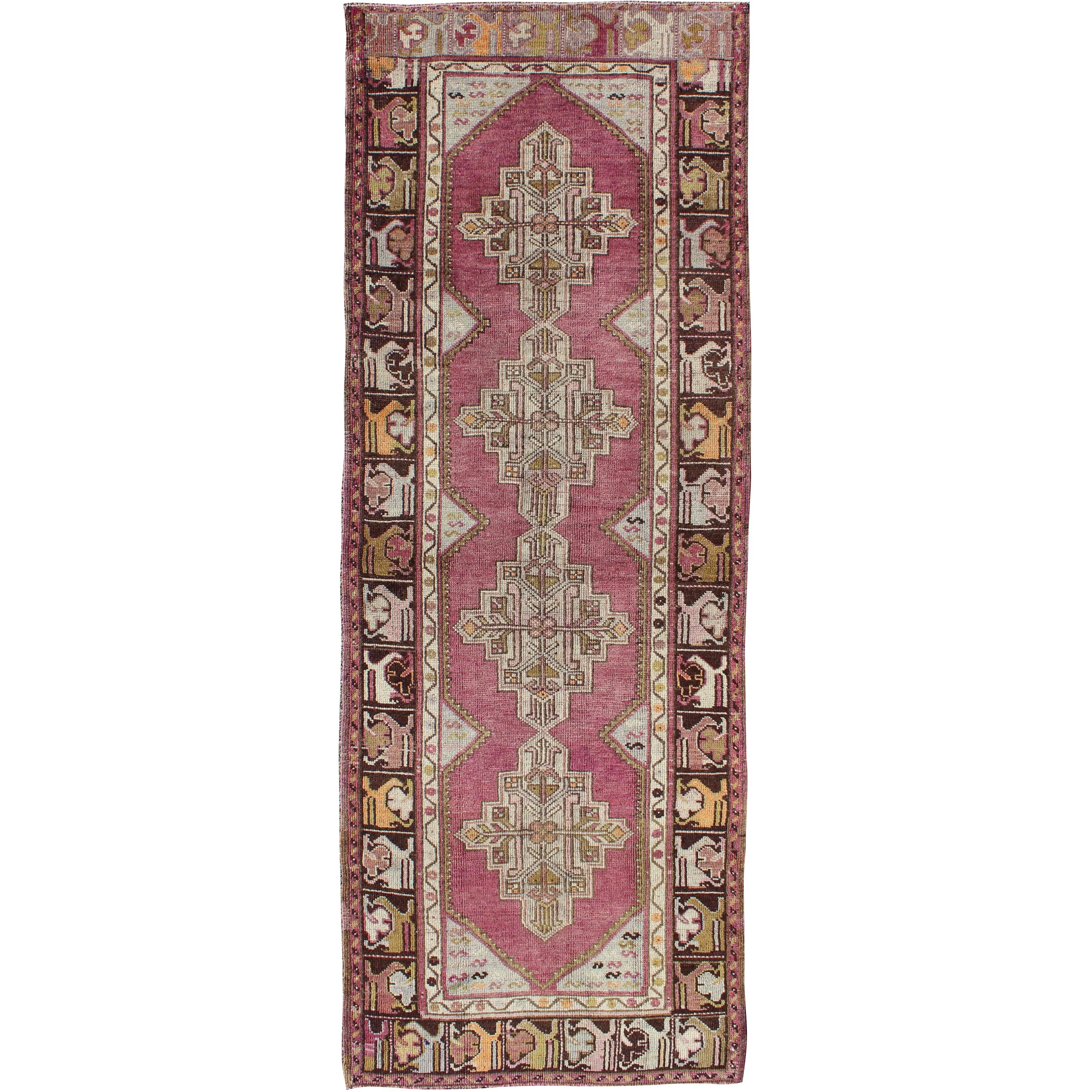 Vintage Oushak Runner with Geometric Medallions in Purple and Brown For Sale