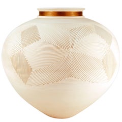 Monumental Pottery Geometric Vase in White with Gilt Metal Applied Neck