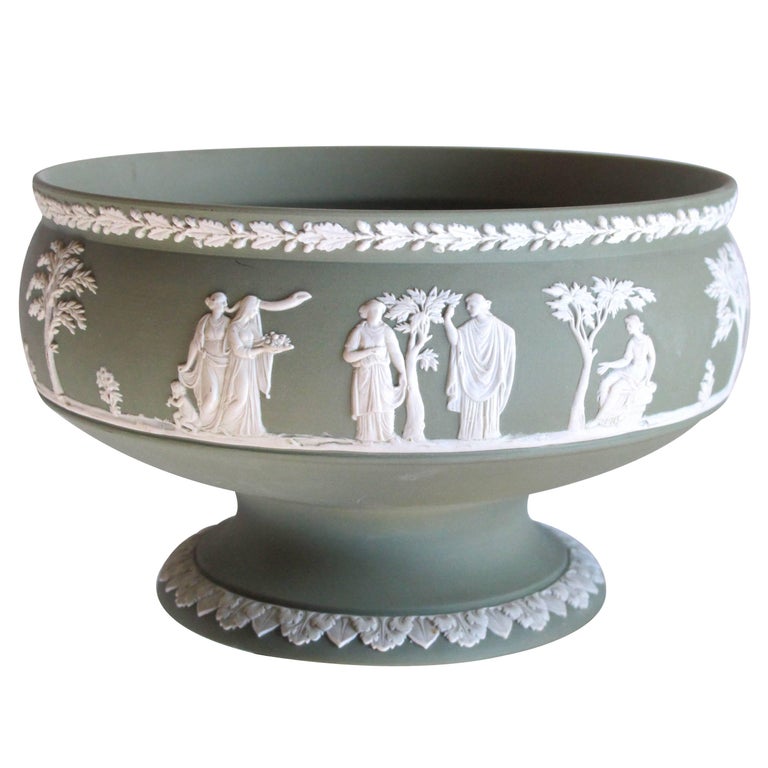 An Elegant English Jasperware Olive-Green Compote; Stamped 'Wedgwood' For Sale