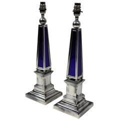 A Pair of Silver & Blue Glass Obelisk Lamps 9