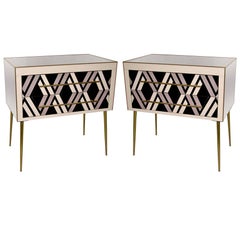 1990 Italian Graphic Pair of Geometric Black White Rose Gray Chests/ Side Tables