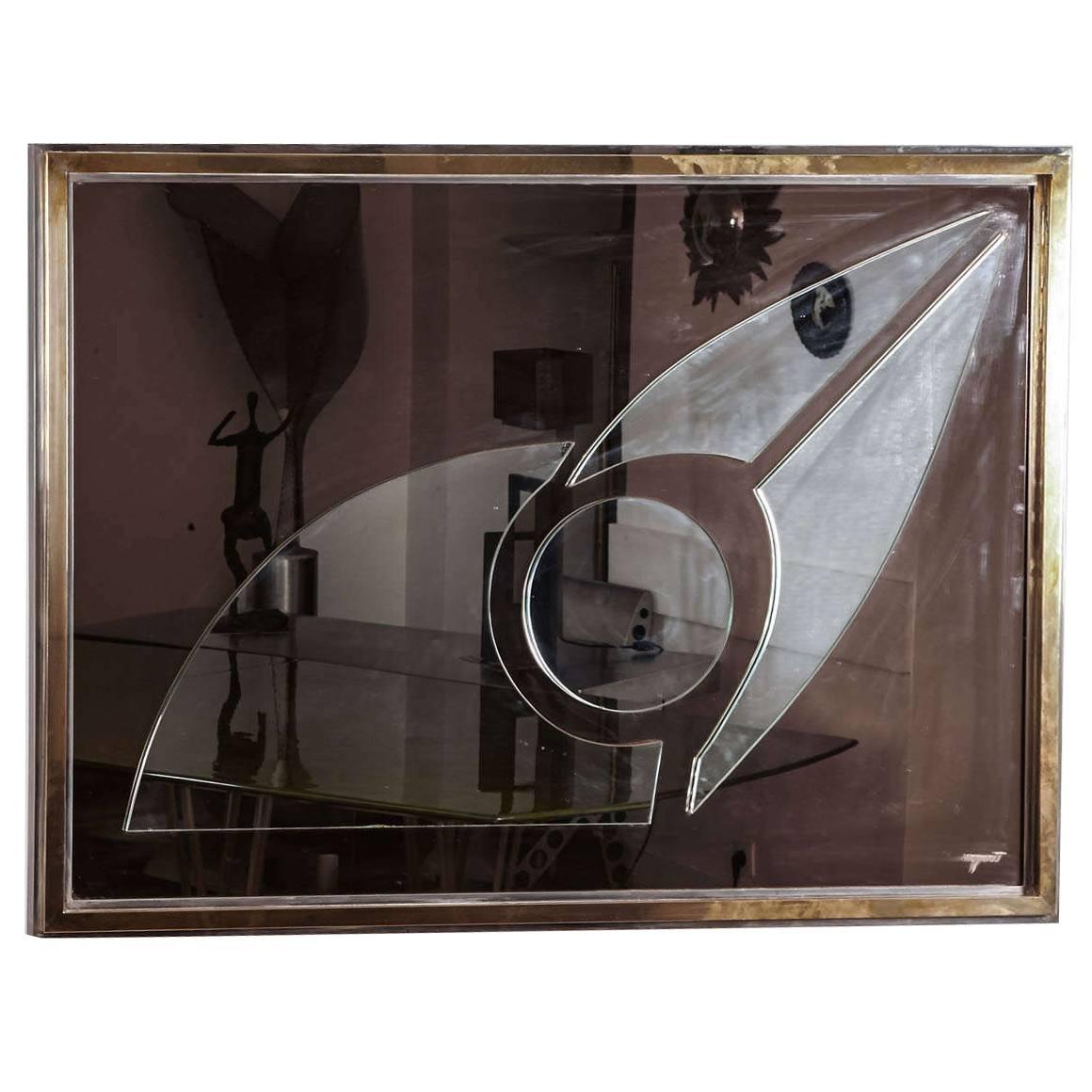 Rectangular Gilt Brass, Chromed Steel Framed Mirror by R. Rega, Italy, 1970’s. For Sale