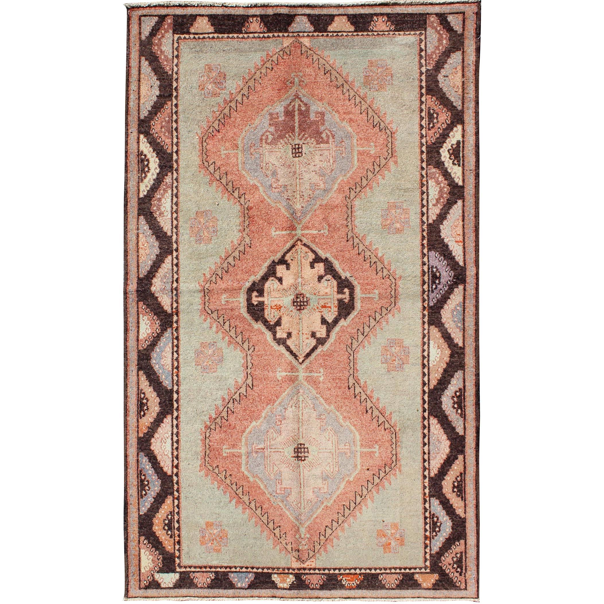 Turkish Oushak Rug with Geometric in Tangerine, Green and Brown