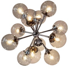 1970s Lightolier 12-Arm Chrome Sputnik Chandelier with Glass Shade, USA