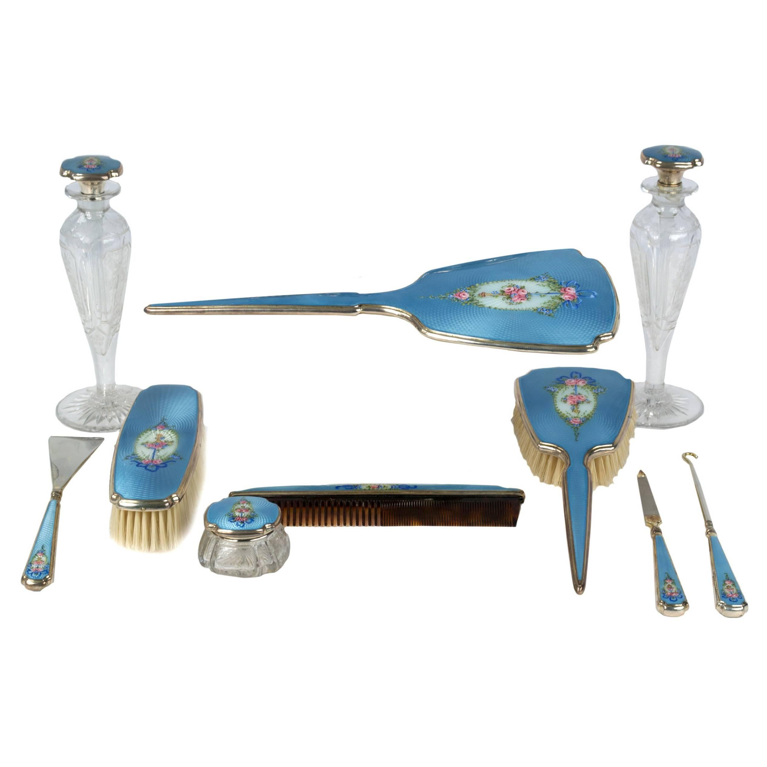 A Blue Sterling And Guilloche Foster Bailey Dresser Set
