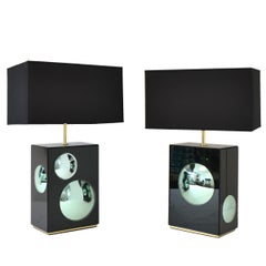 Pair of Bubble Table Lamps in Brass with Colored Mirrors, Made in Italy