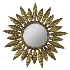 Small Spanish Gilt Metal Sunburst Mirror with Pointed Alternating Leaves