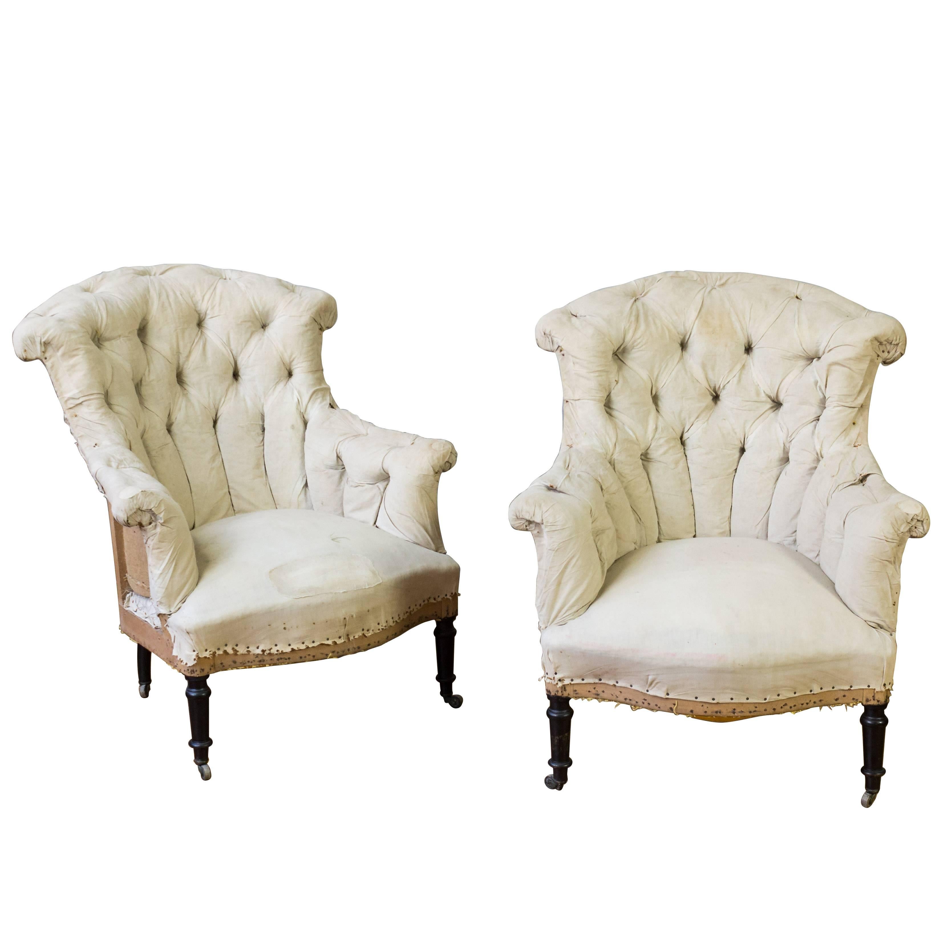 Pair of Tufted and Scroll Back Armchairs
