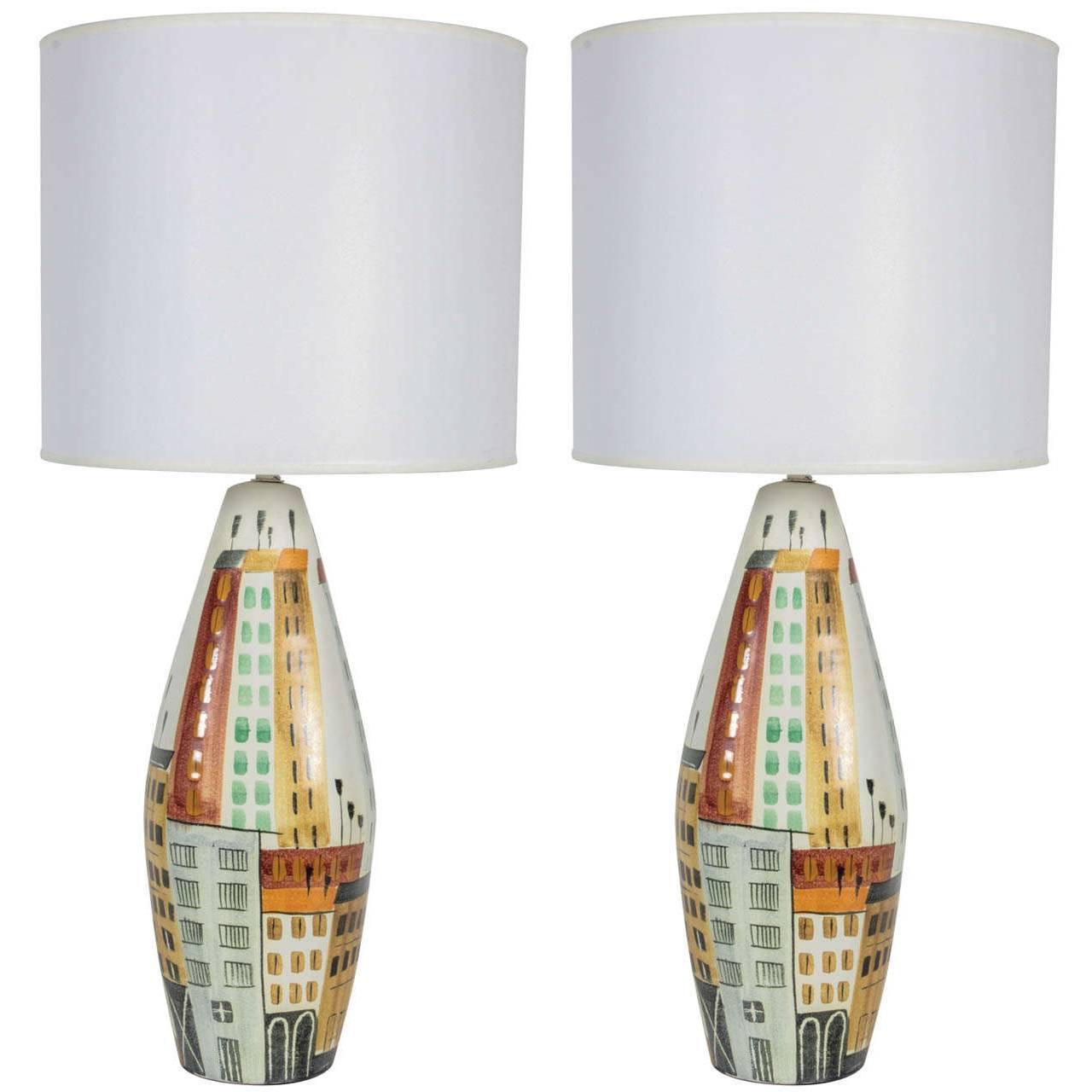 Pair of Italian Cityscape Ceramic Lamps by Bitossi
