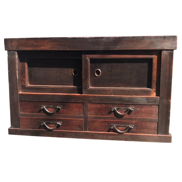 Japanese Fine Antique Small Wood Storage Cabinet Chest, 100 Japanese Fine Antique Handcrafted Wood Storage Cabinet Chest, 100% original - Japanese Fine Antique Small Wood Storage Cabinet Chest, 100