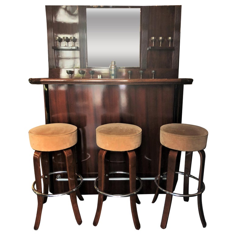 Estate Mahogany Art Deco Style Bar Set 3 Stools, Bar and Bar Back with