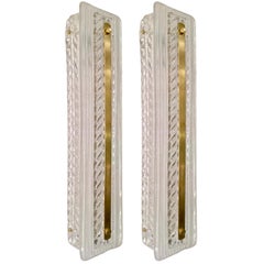 Italian Modern Pair of Tall White and Crystal Clear Leaf Textured Murano Sconces