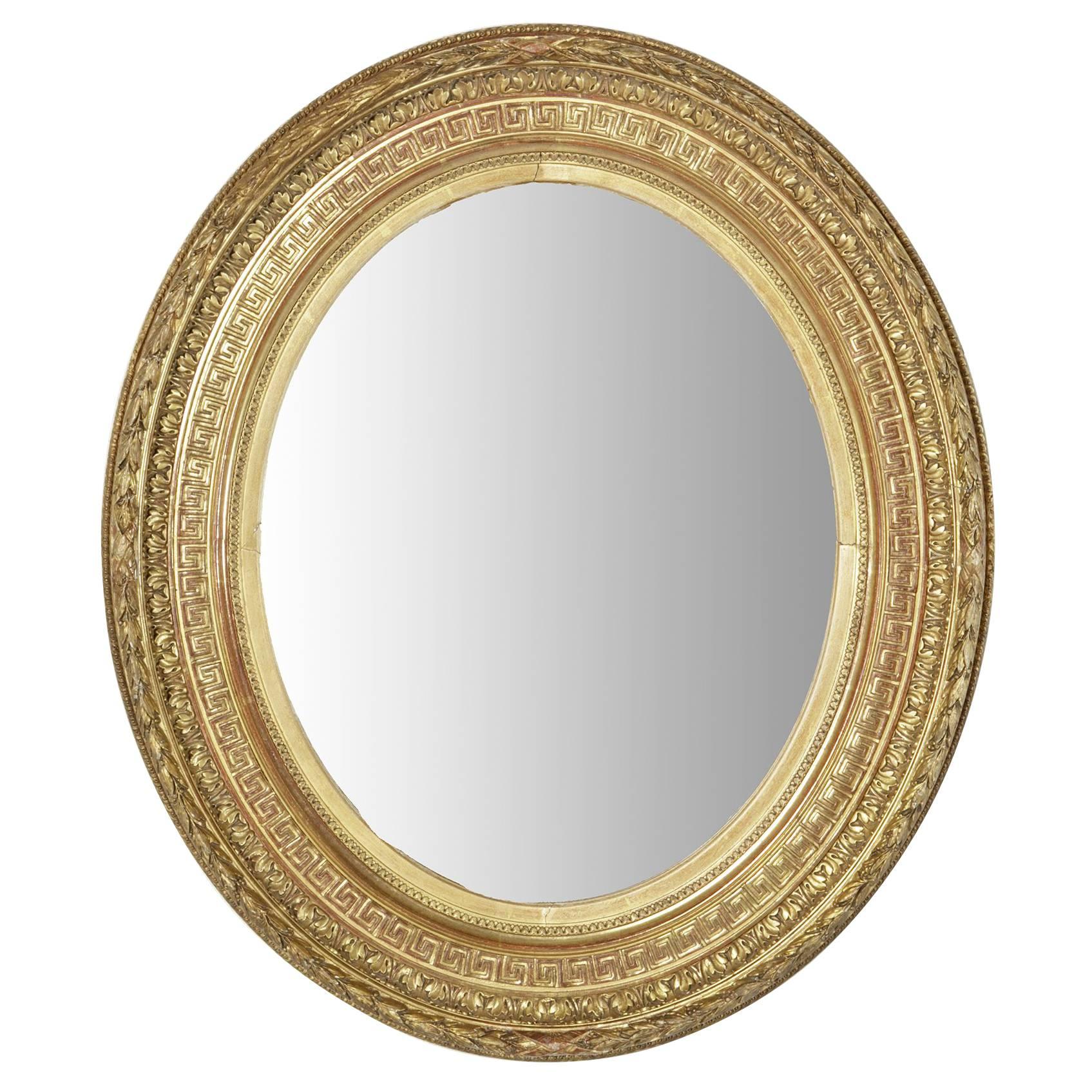 Small-Scale 19th Century Giltwood Oval Mirror with Greek Key