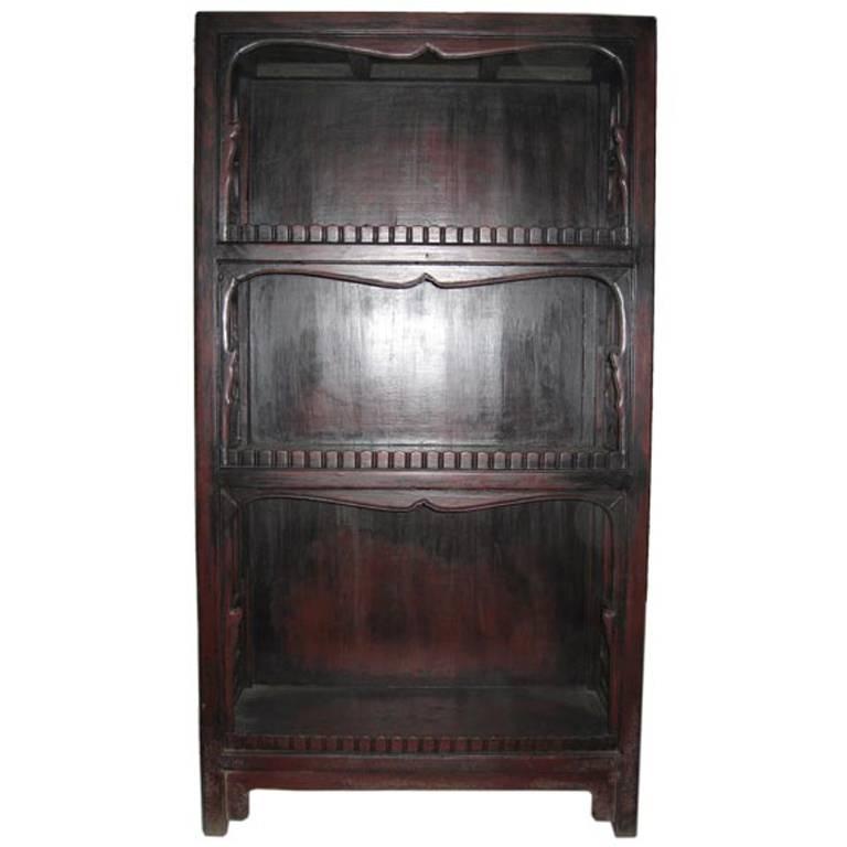 Early to Mid 19thC. Q'ing Dynasty Shanxi Red Lacquered Carved Open Bookcase  For Sale