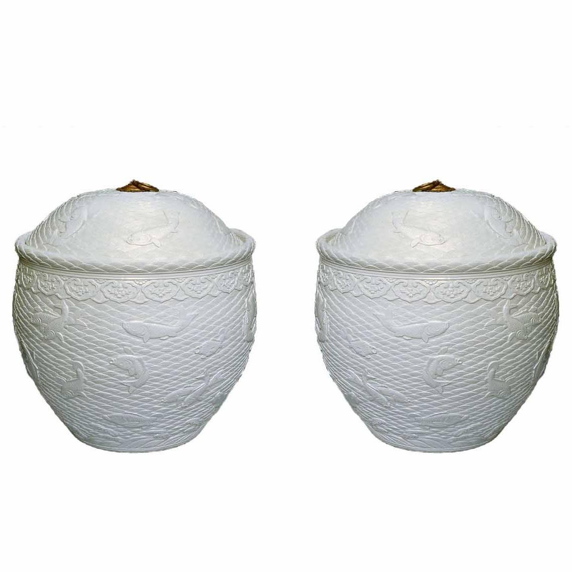 Large Pair of Fine Carved Porcelain Jars with Covers For Sale