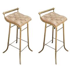 Pair of 1950s French Leather and Brass Bar Stools