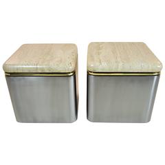 Pair of Custom Steel and Travertine Marble Tables