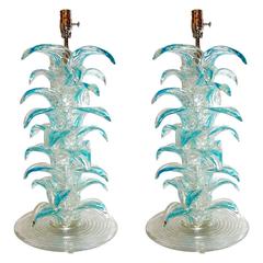 Vintage 1970s Pair of Palm Tree Murano Glass Lamps