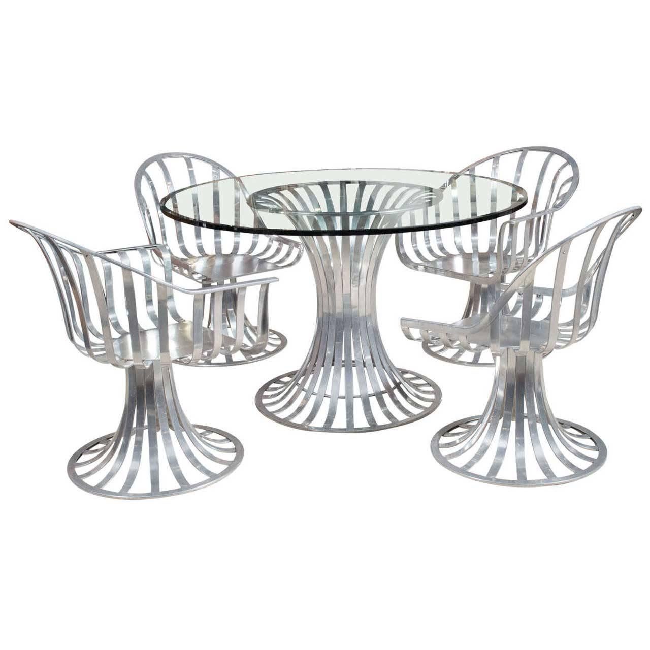 Outdoor/Patio Russell Woodard Polished Aluminum Dining Table, Chairs Set