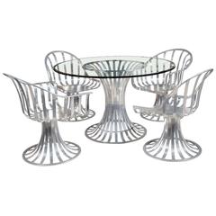 Vintage Outdoor/Patio Russell Woodard Polished Aluminum Dining Table, Chairs Set