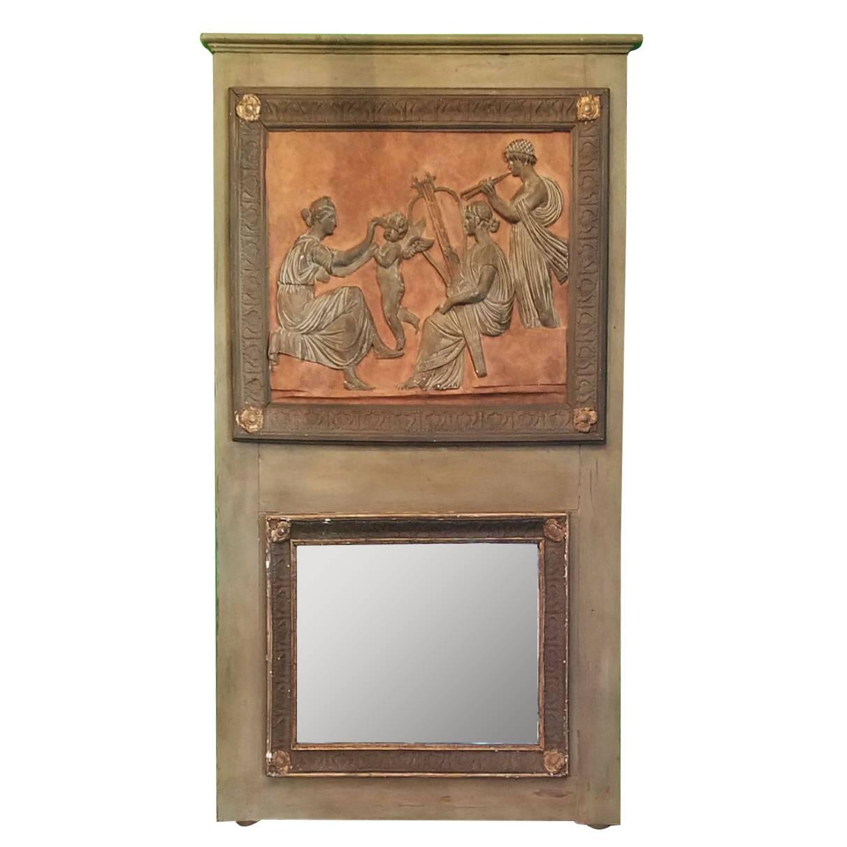 19th Century French Green Painted Trumeau Mirror For Sale