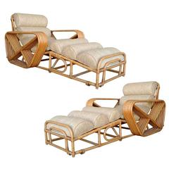 Rare Restored Pair of Paul Frankl Rattan Chaise Lounge Chairs w/ Pretzel Arms
