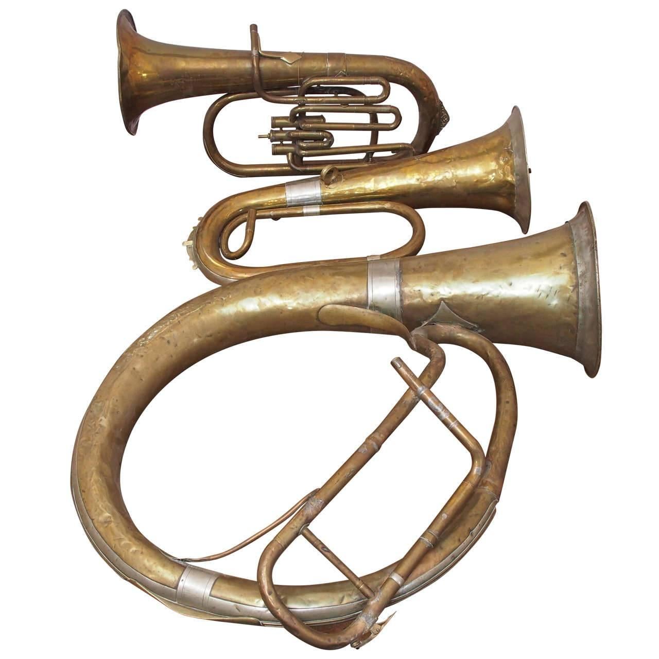 19th Century European Brass and Silver Circular Tuba For Sale