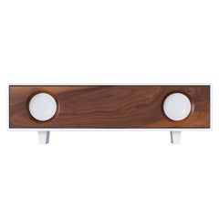 Tabletop HiFi Speaker Glacier White Cabinet with Natural Walnut Speaker Front